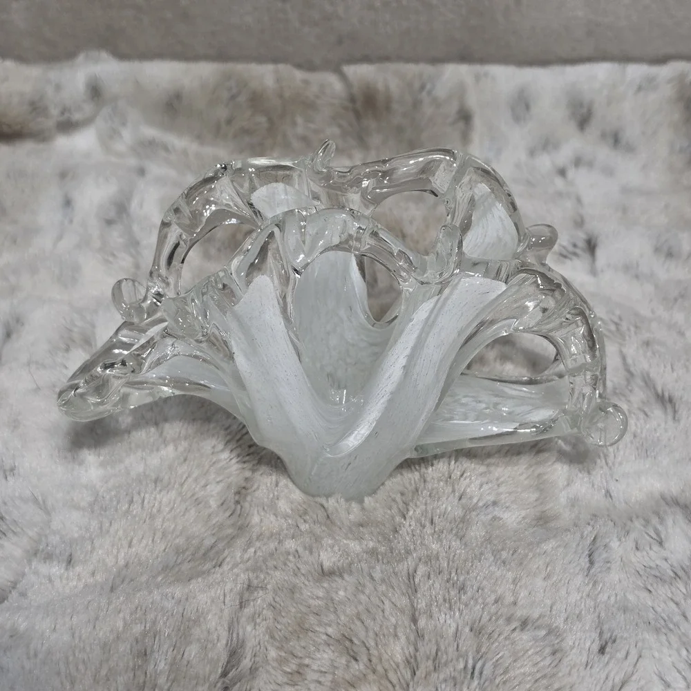 Vintage Murano Art Glass Napkin/Letter Holder White Clear Freeform Splash/Wave